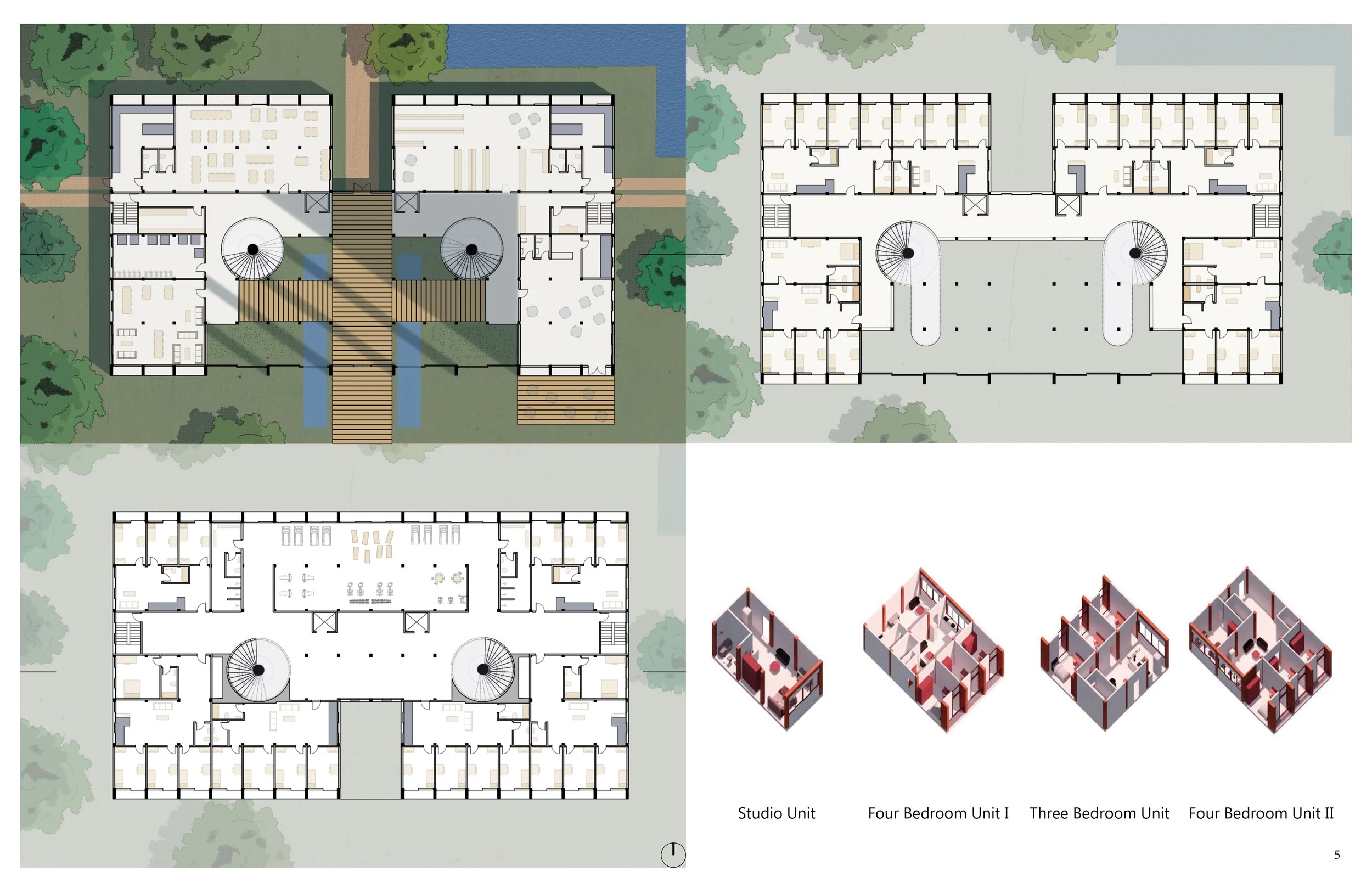 Architectural floor plans and 3D renders of a multi-unit residential complex. The plans include a ground, upper, and lower floor with labeled unit types: studio, four-bedroom, three-bedroom, and four-bedroom units. The 3D renders show interior layout