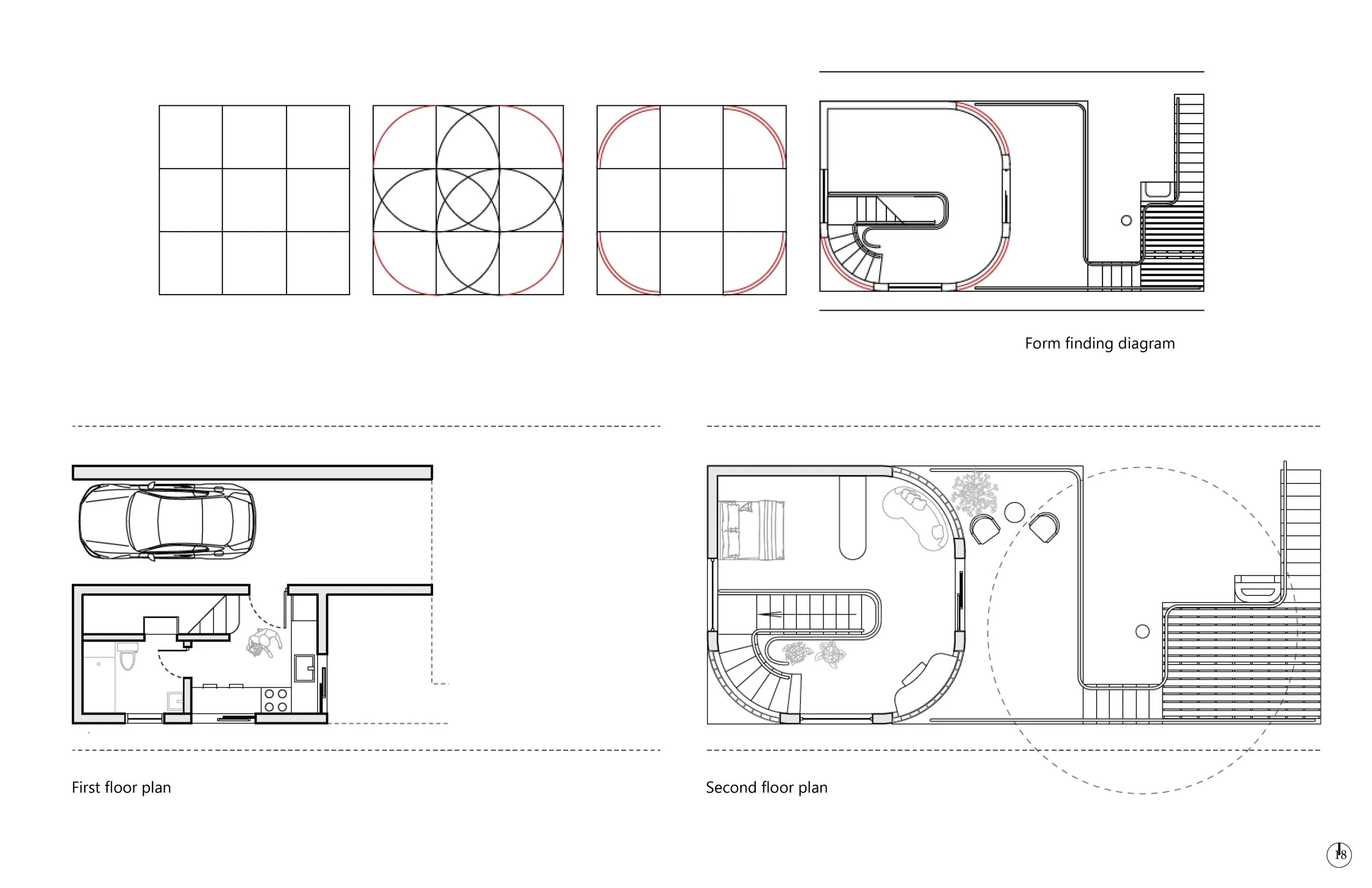 Architectural floor plans of a two-story house, including a first floor layout with a garage, and second floor layout with living spaces, and diagrams showing form finding for a curved staircase.
