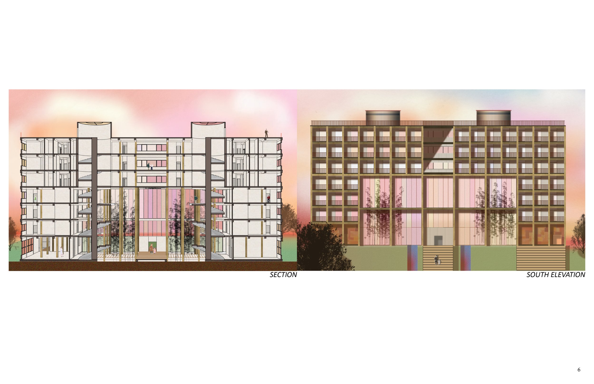Architectural drawings of a building, including a sectional view and south elevation, showing interior layout, balconies, stairs, and facade details with a sunset sky background.