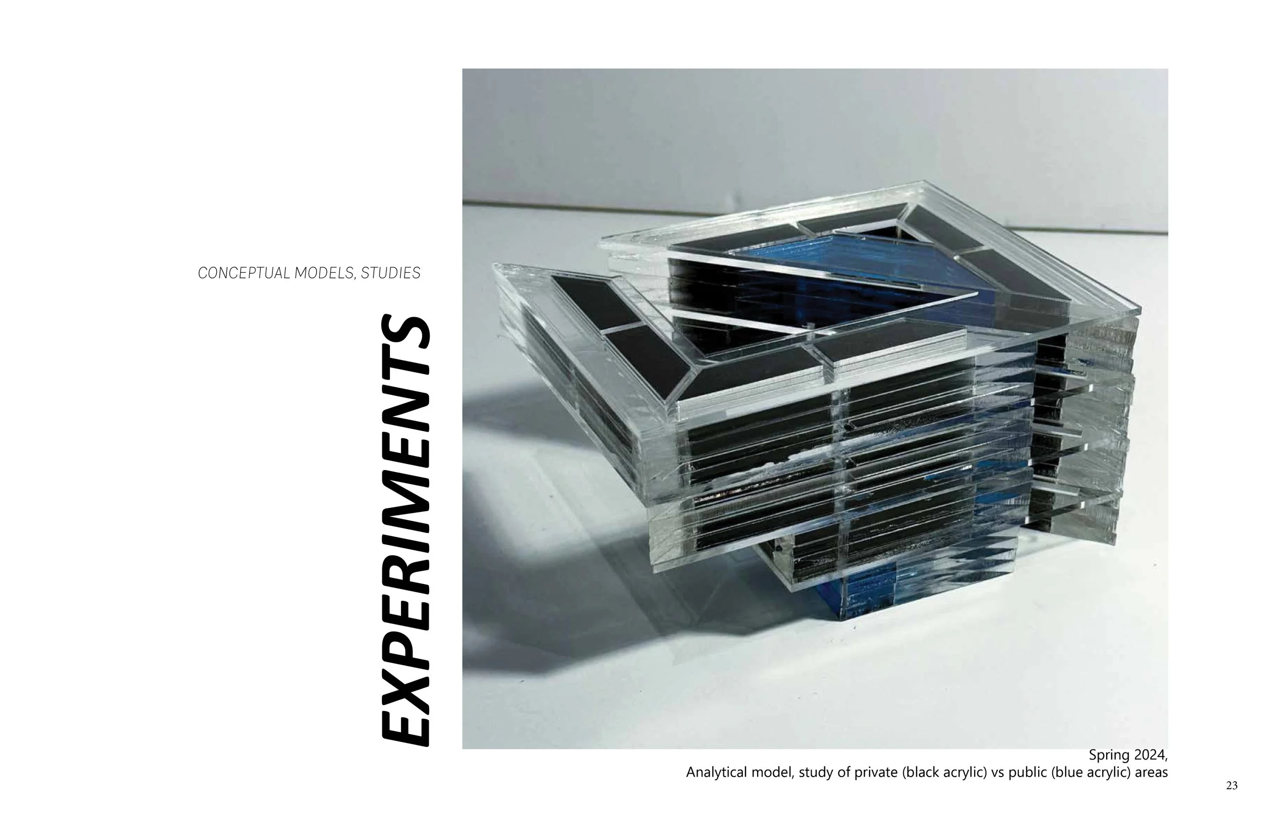 Stacked transparent architectural models with black and blue acrylic sections, used for conceptual studies, with a caption indicating they are analytical models of private and public areas.