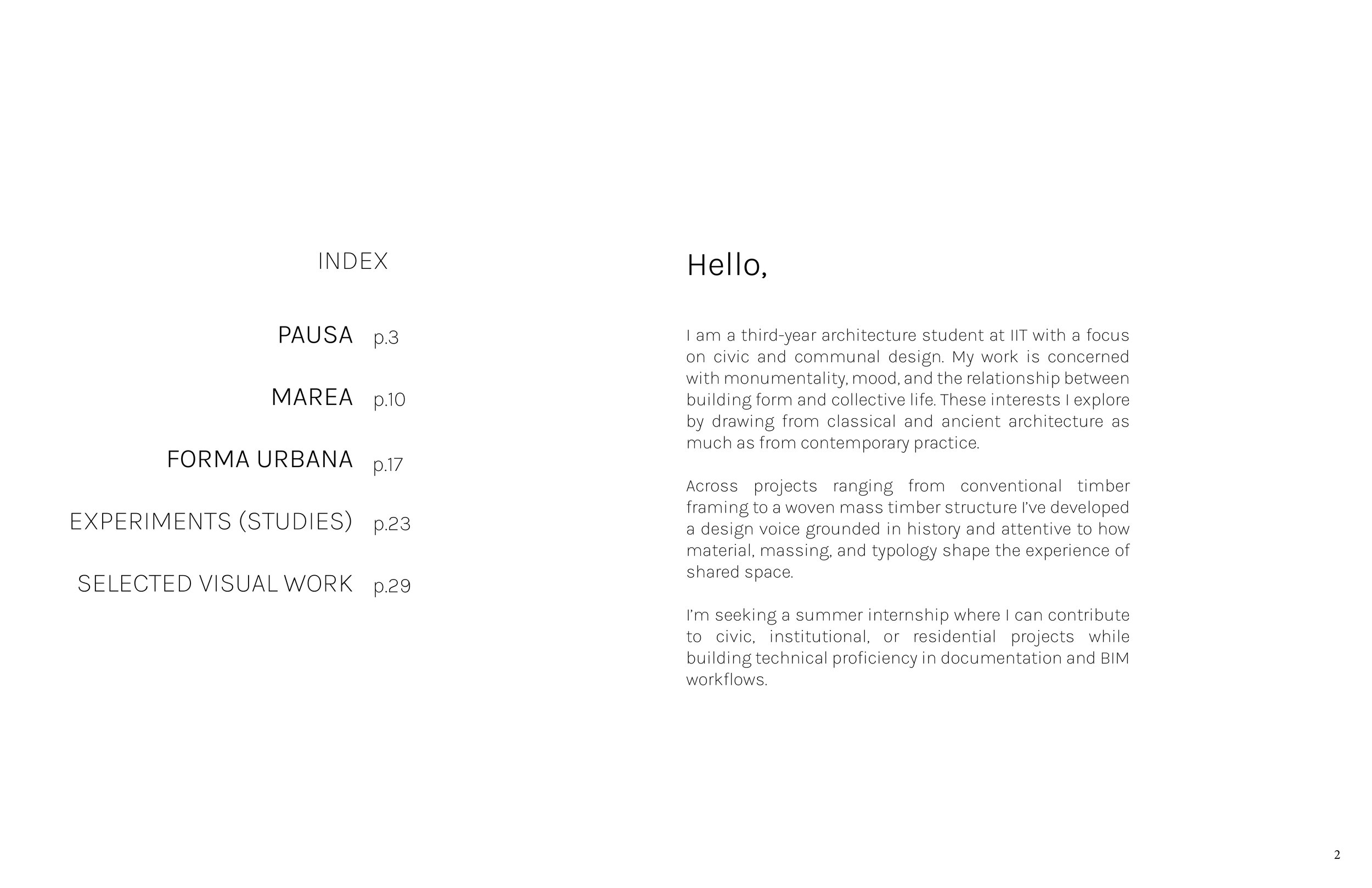 Table of contents page showing sections: PAUSA p.3, MAREA p.10, FORMA URBANA p.17, EXPERIMENTS (STUDIES) p.23, SELECTED VISUAL WORK p.29, and introductory text about a third-year architecture student.