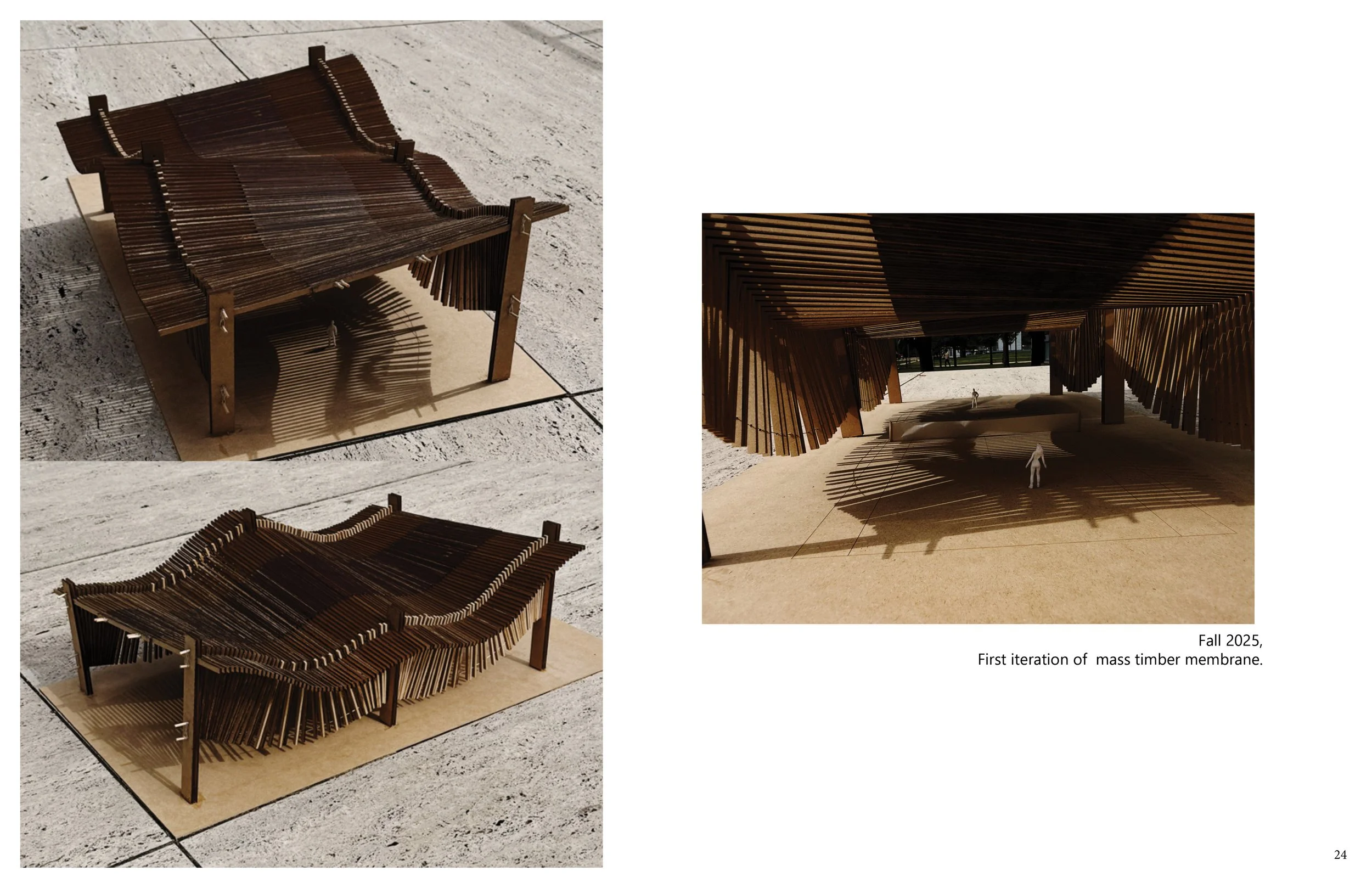 Architectural models of a wooden structure with wavy, slatted design, shown from different perspectives, with shadows cast on the ground, and a small human figure included for scale.