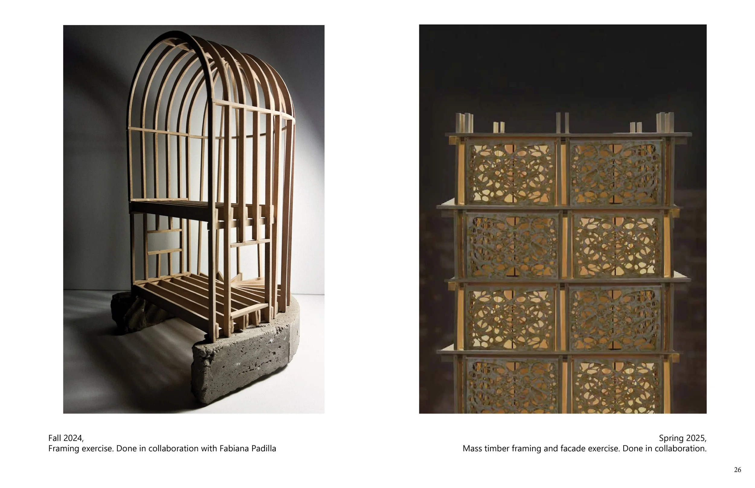 Two wooden furniture prototypes: the left one is a small, arched cage-like structure on a concrete base, and the right one is a tall rectangular piece with an intricate lattice design on its panels.