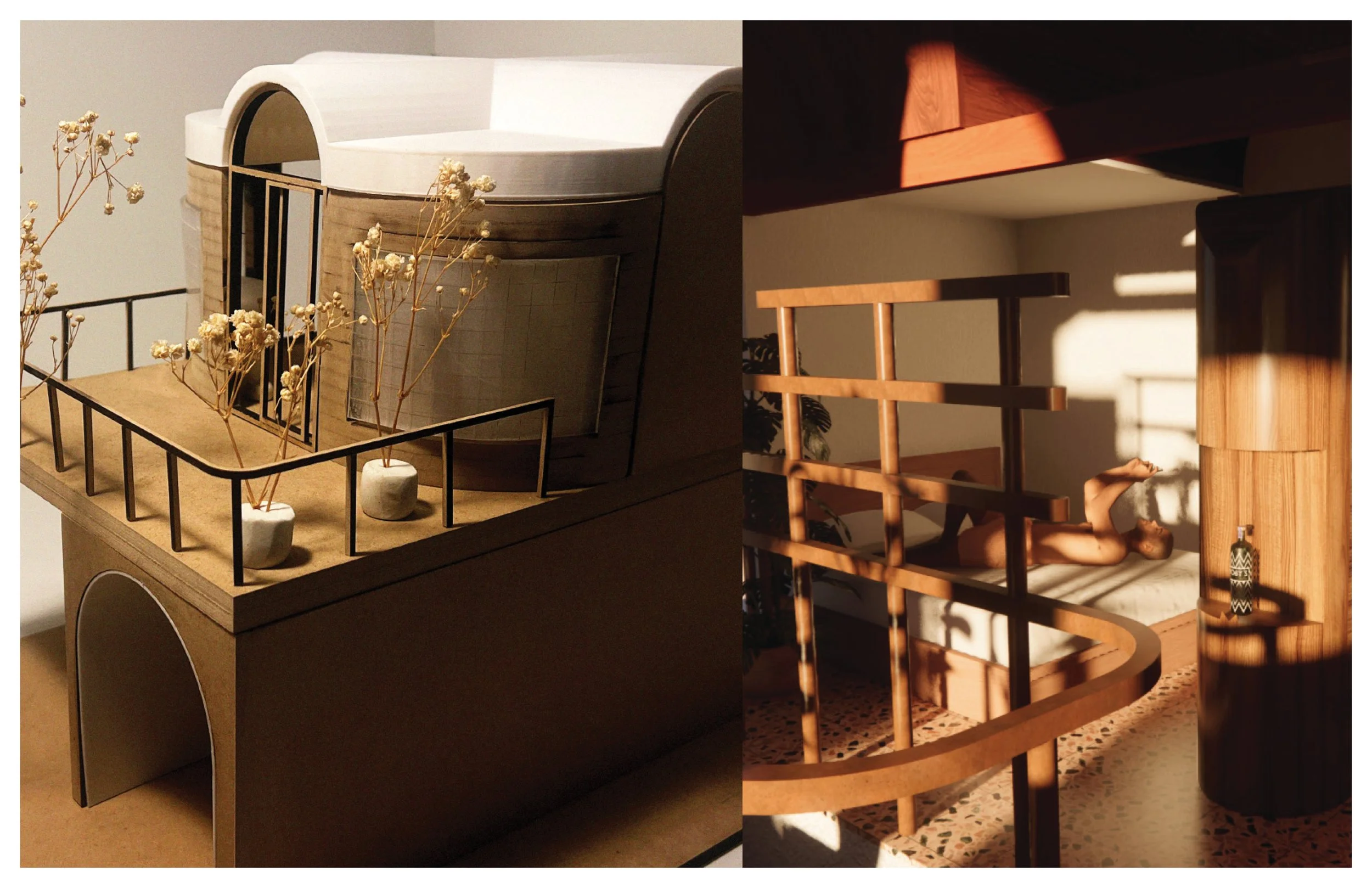 A split image featuring two different scenes. The left side shows an architectural model of a modern building with a curved roof, large windows, and a small outdoor patio with two white vases holding dried flowers. The right side depicts a person lyi