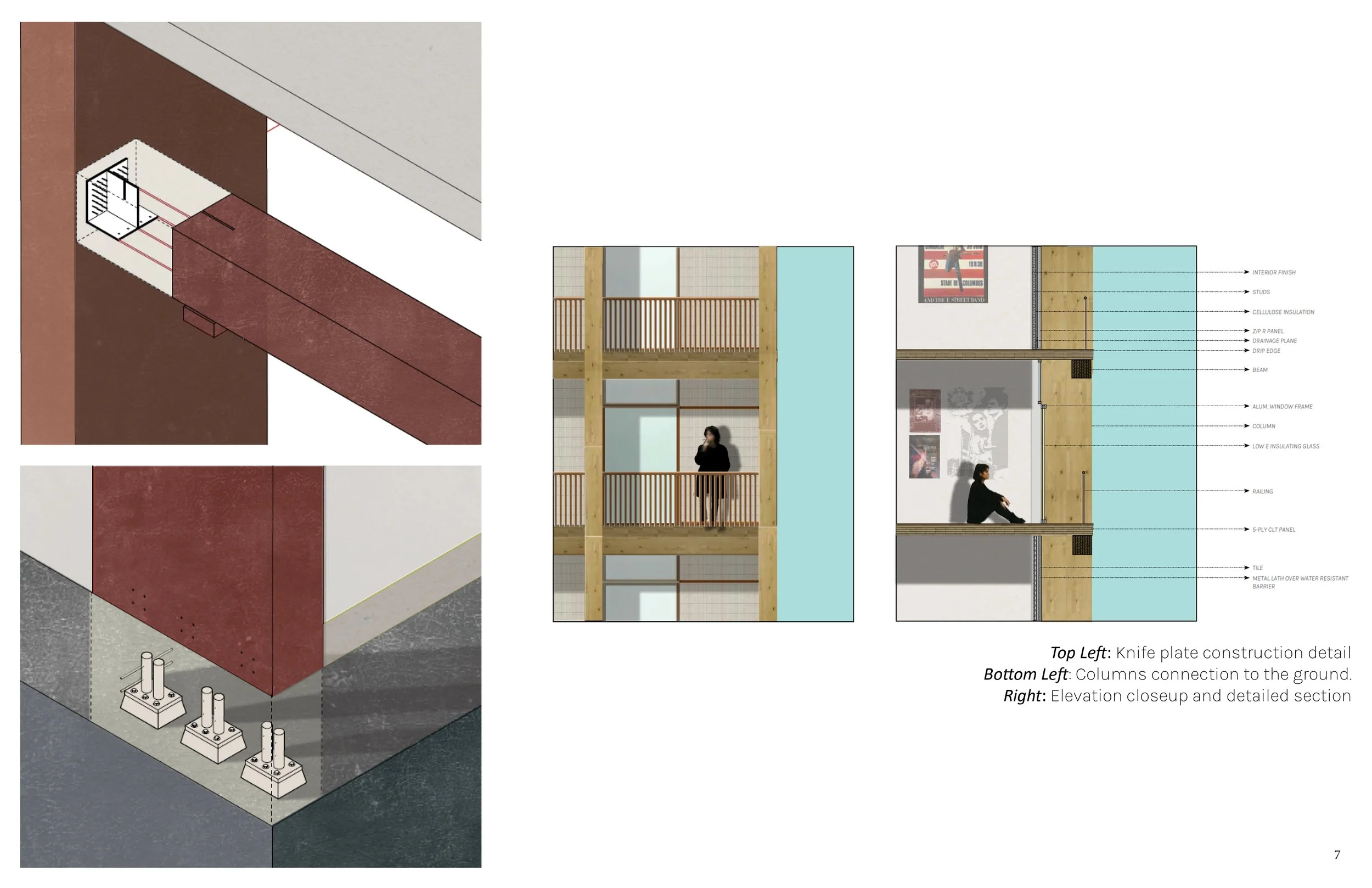 Architectural drawing showing construction details of a building's corner, including a knife plate connection, column to ground connection, and detailed elevation with materials and structural components labeled.