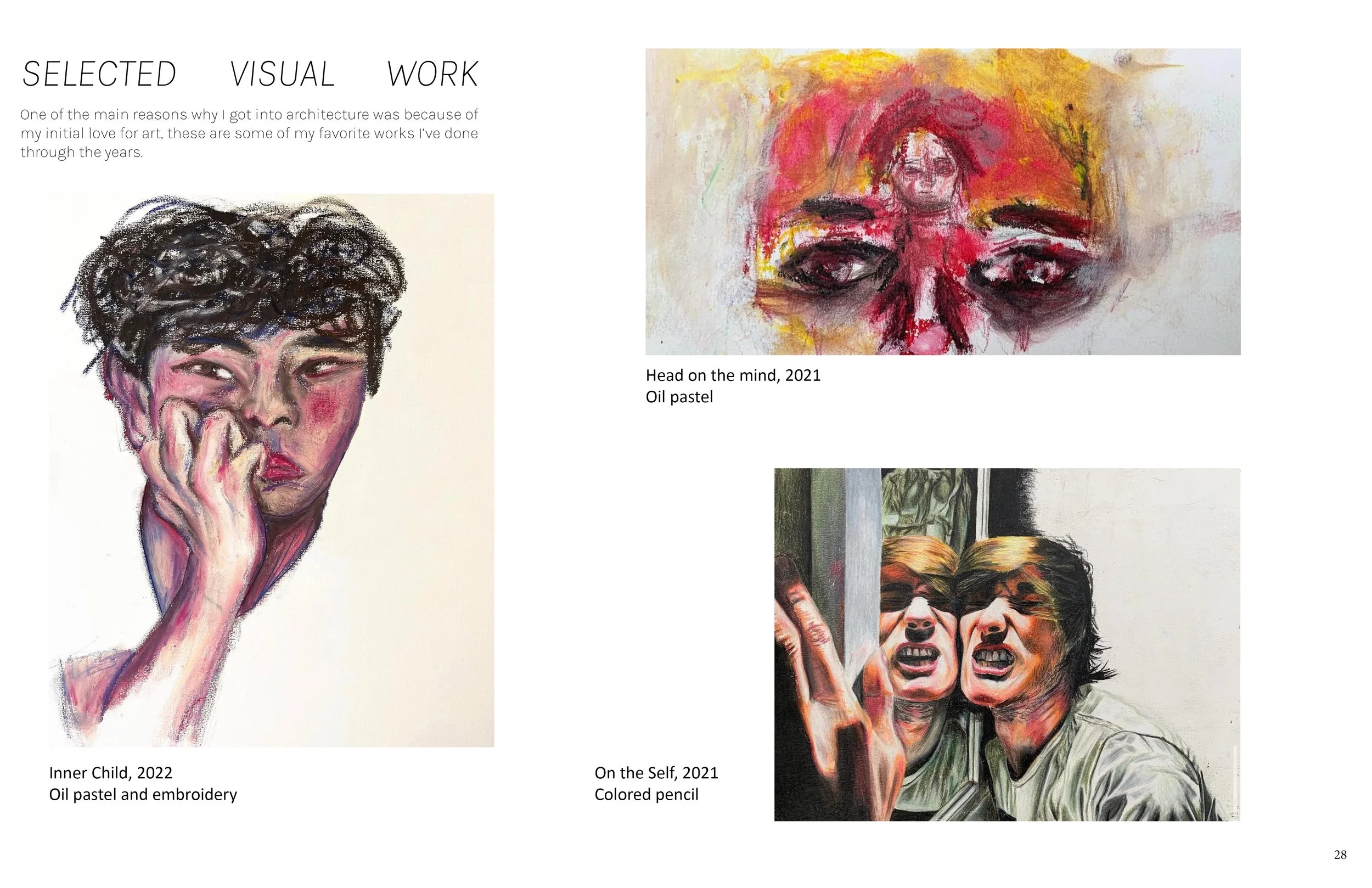 Three art pieces: a portrait of a person with curly hair and their hand on their face, titled "Inner Child, 2022" created with oil pastel and embroidery; a painting of a face with multiple eyes titled "Head on the mind, 2021" created with oil pastel;