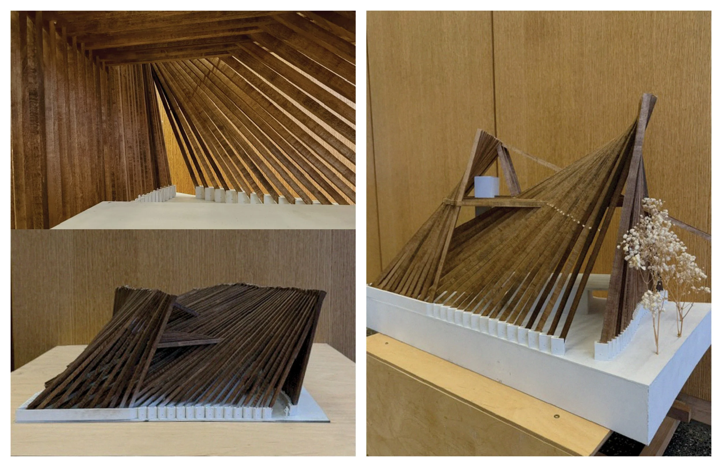 A detailed architectural model of a building with a sloped roof made of wooden slats, shown from different angles. The model is on a white base with small white pieces representing the foundation or ground, and some small decorative plants are placed