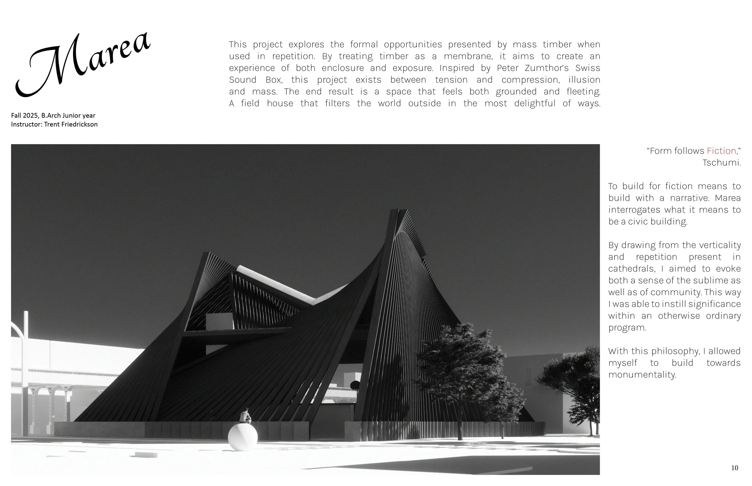 A black and white architectural rendering of a modern, sculptural building with angular, slatted surfaces and trees surrounding it.