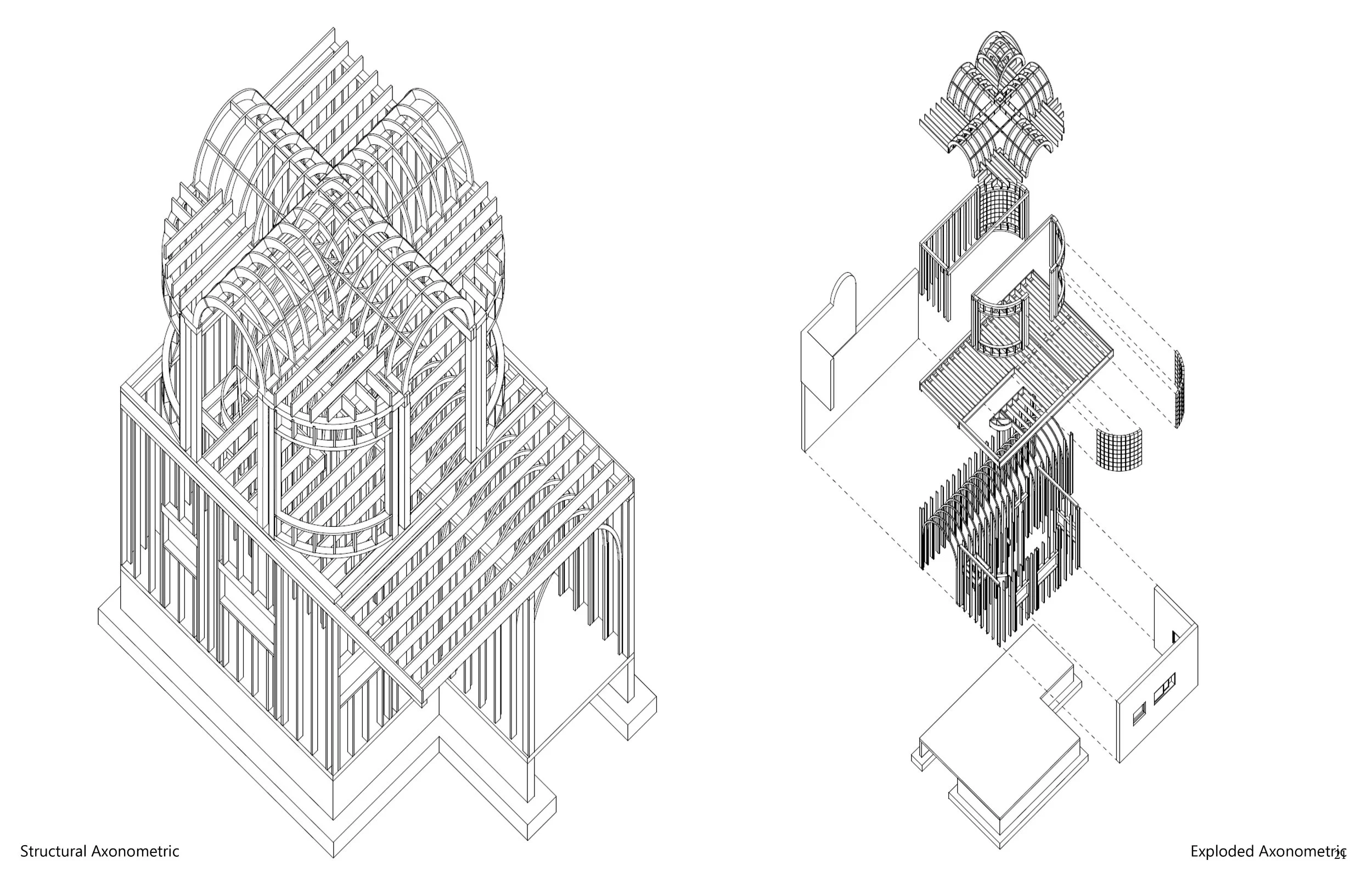 Two architectural structural axonometric drawings of a building, one showing the complete structure and the other an exploded view.