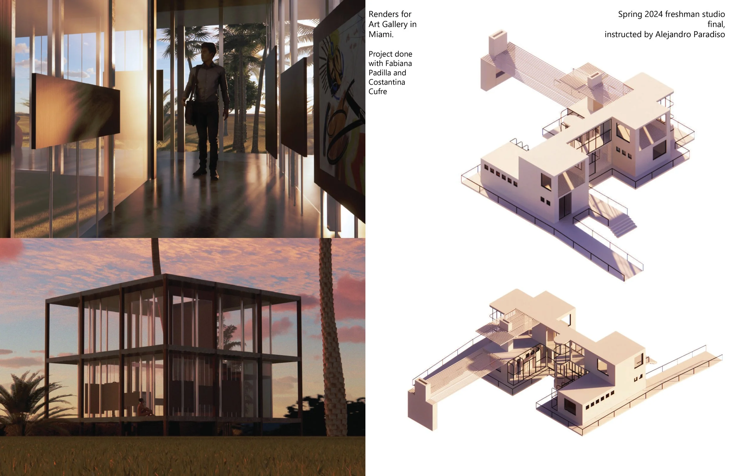 A collage of two images of an art gallery and architectural renderings. The top left image shows a person walking through an indoor art gallery with paintings displayed on transparent panels, with sunlight streaming in through large windows. The bott