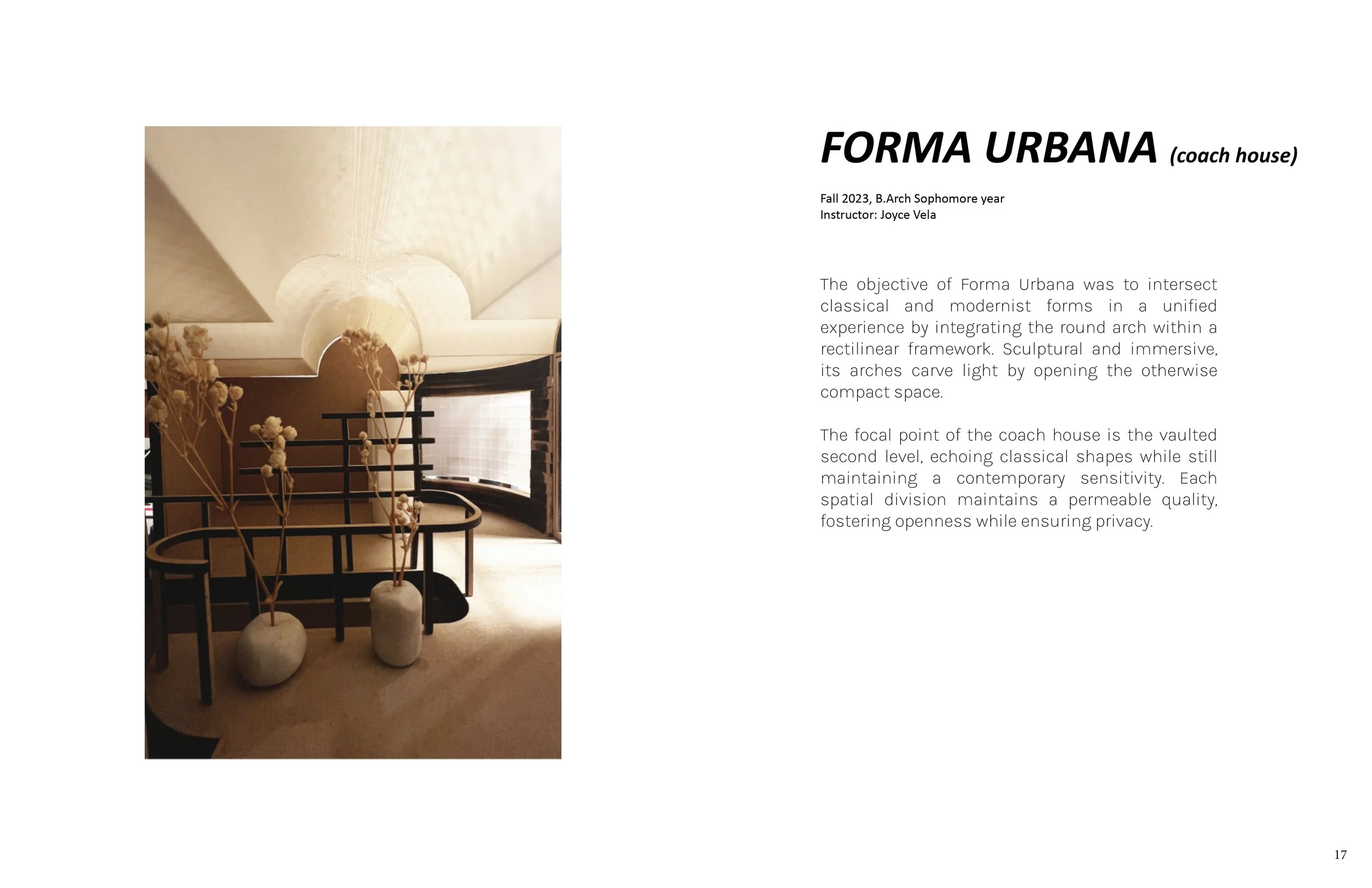 Interior design feature with an arched ceiling, modern black railings, and vases with dried flowers.