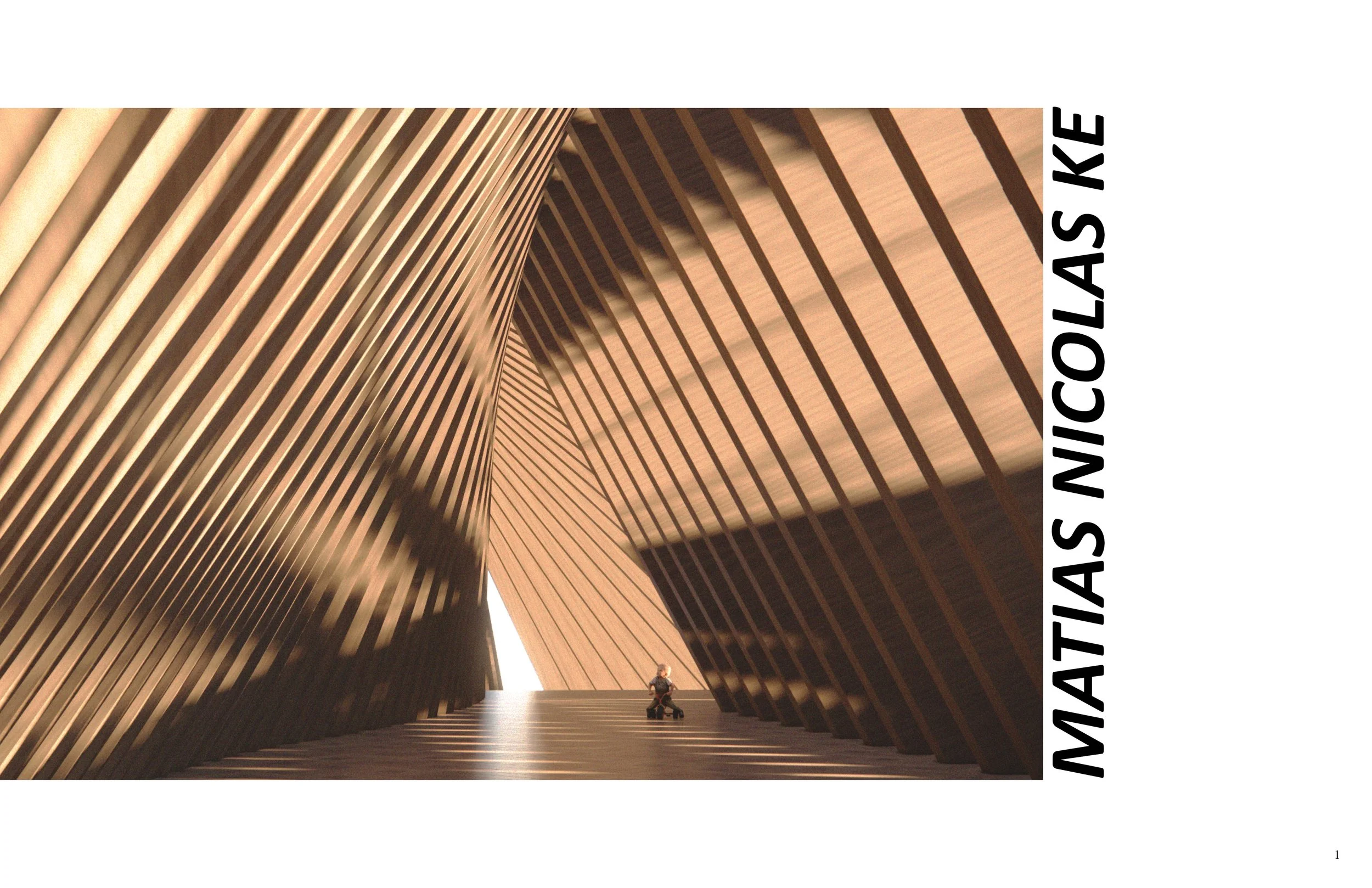 A large wooden architectural structure with curved and angled wooden slats, with a person sitting on the ground near it, and the text 'MATAATIAS NICOLAS KÉ' written vertically on the right.