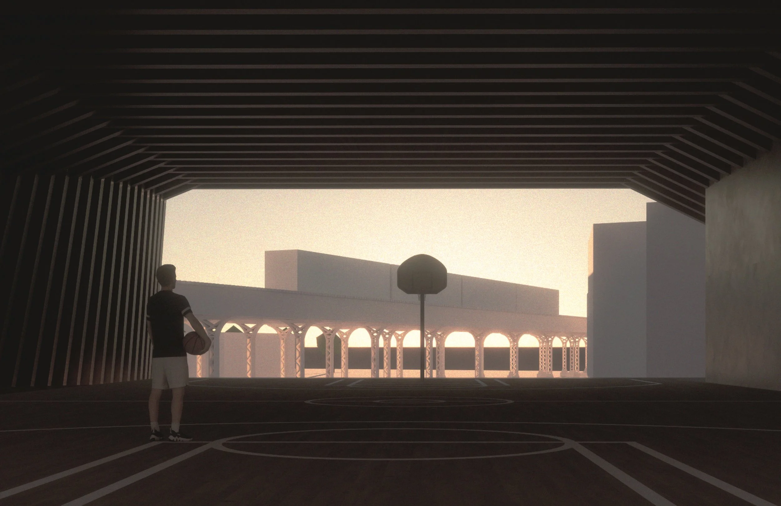 Silhouette of a person holding a basketball inside a modern open-air basketball court with architectural design elements at sunset.