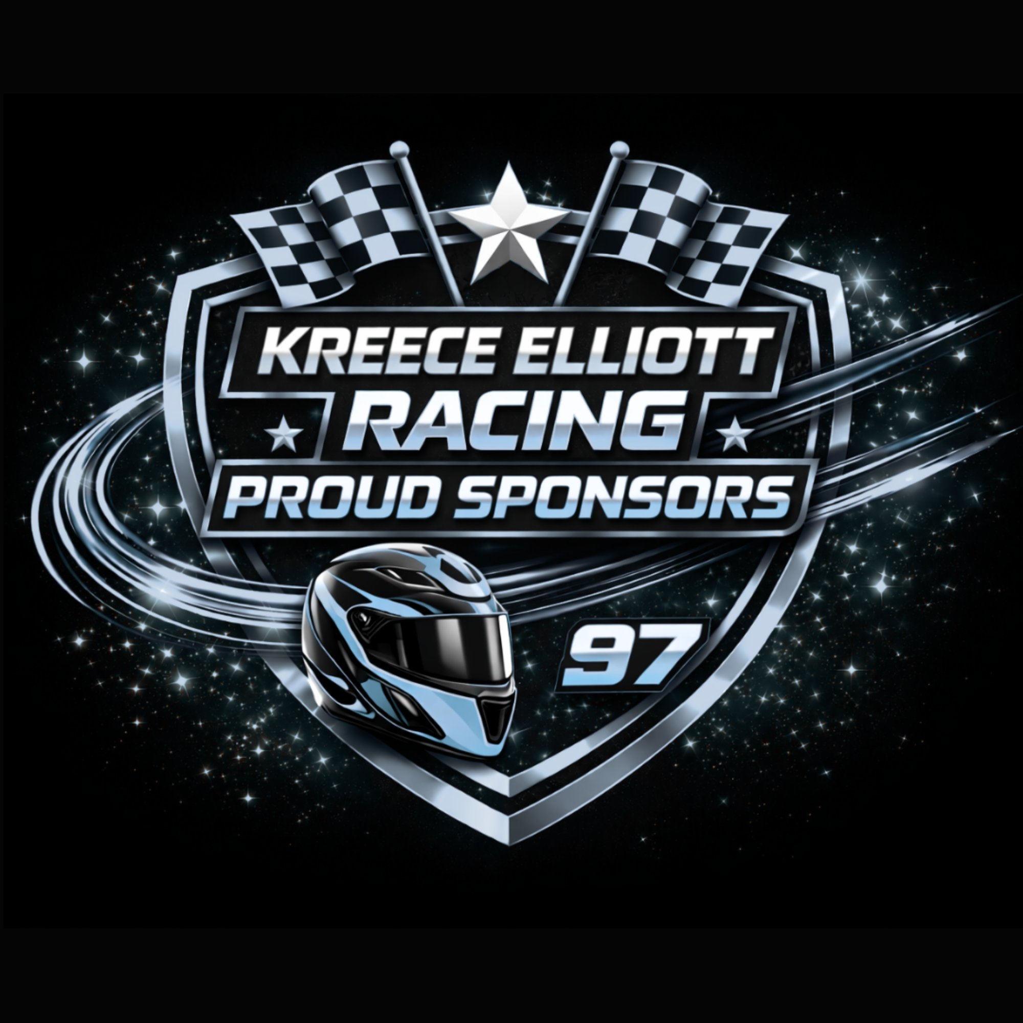 A digital graphic for Kreece Elliott Racing showing checkered flags, stars, and a stylized racetrack, with the text 'Kreece Elliott Racing Proud Sponsors' and a racing helmet at the bottom.