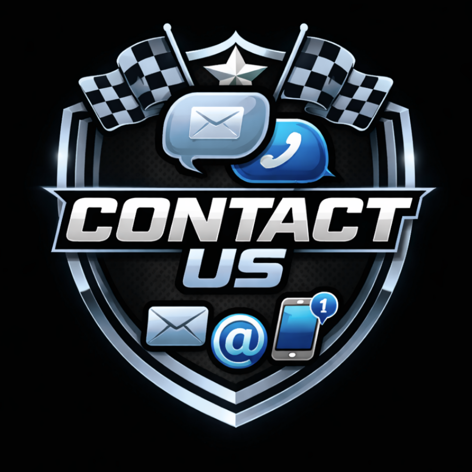 Graphic of a badge with checkered flags, an envelope, a phone, an email icon, and a chat icon, with the words "Contact Us" at the bottom.