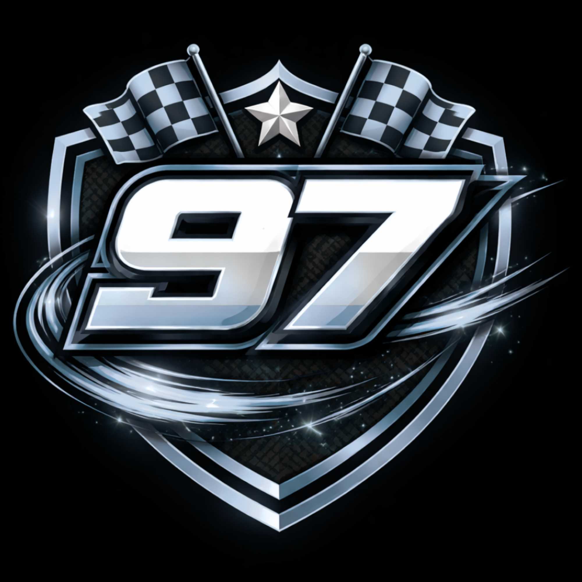 A black and silver graphic featuring two checkered flags crossed behind a five-pointed star and a stylized number 7, with sparkling effects and a dark background.