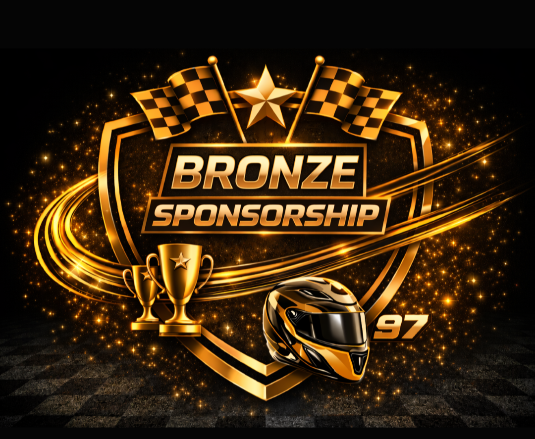 Graphic design with gold racing elements, checkered flags, stars, trophies, a racing helmet, and the words "Bronze Sponsorship" on a shield.