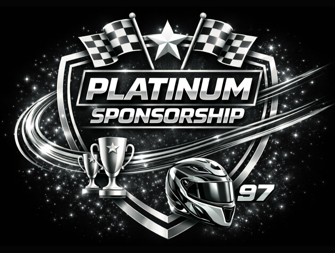 A black and silver graphic with racing elements, featuring checkered flags, a star, trophies, a racing helmet, and the number 97, promoting a platinum sponsorship for a racing event.