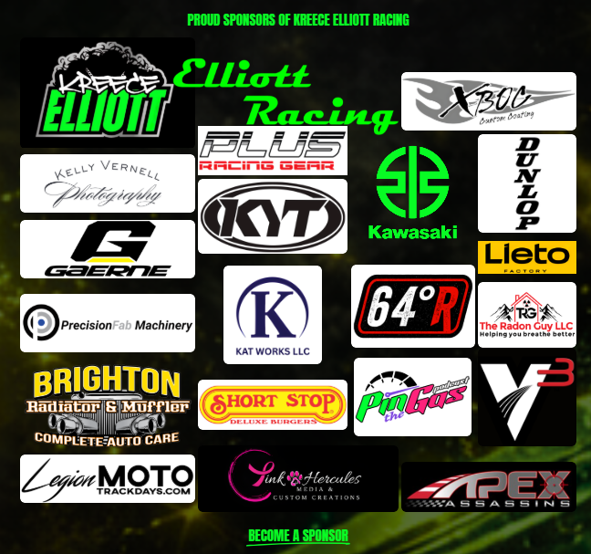 A collage of logos for various companies and sponsors, including Elliott Racing, Kawasaki, Dunlop, and others, with a green header stating "Proud Sponsors of Kreece Elliott Racing" and a green footer saying "Become a Sponsor."
