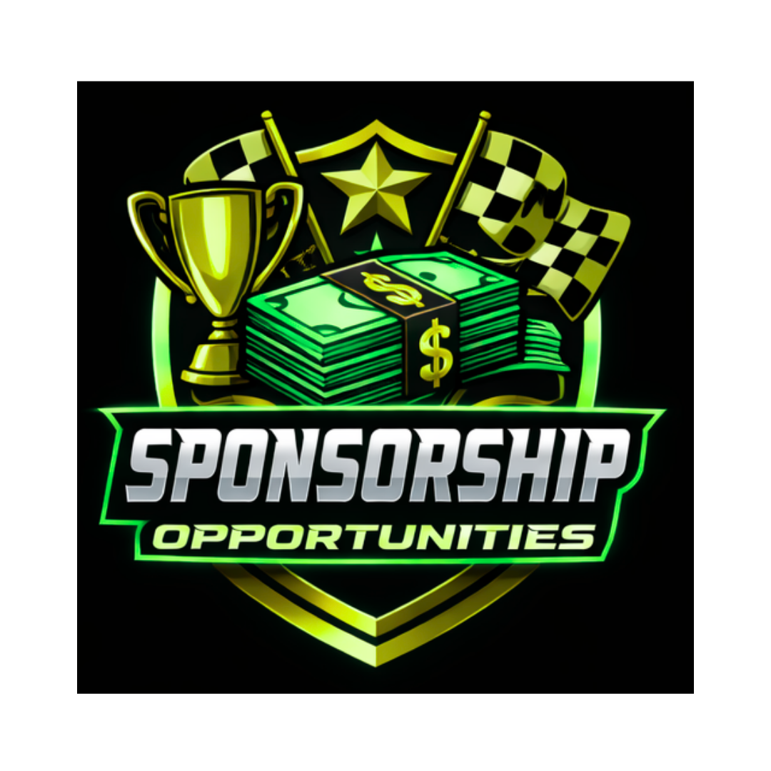 A neon-style graphic with a trophy, a stack of money, racing flags, a star shield, and a dollar sign, with the text 'Sponsorship Opportunities'.