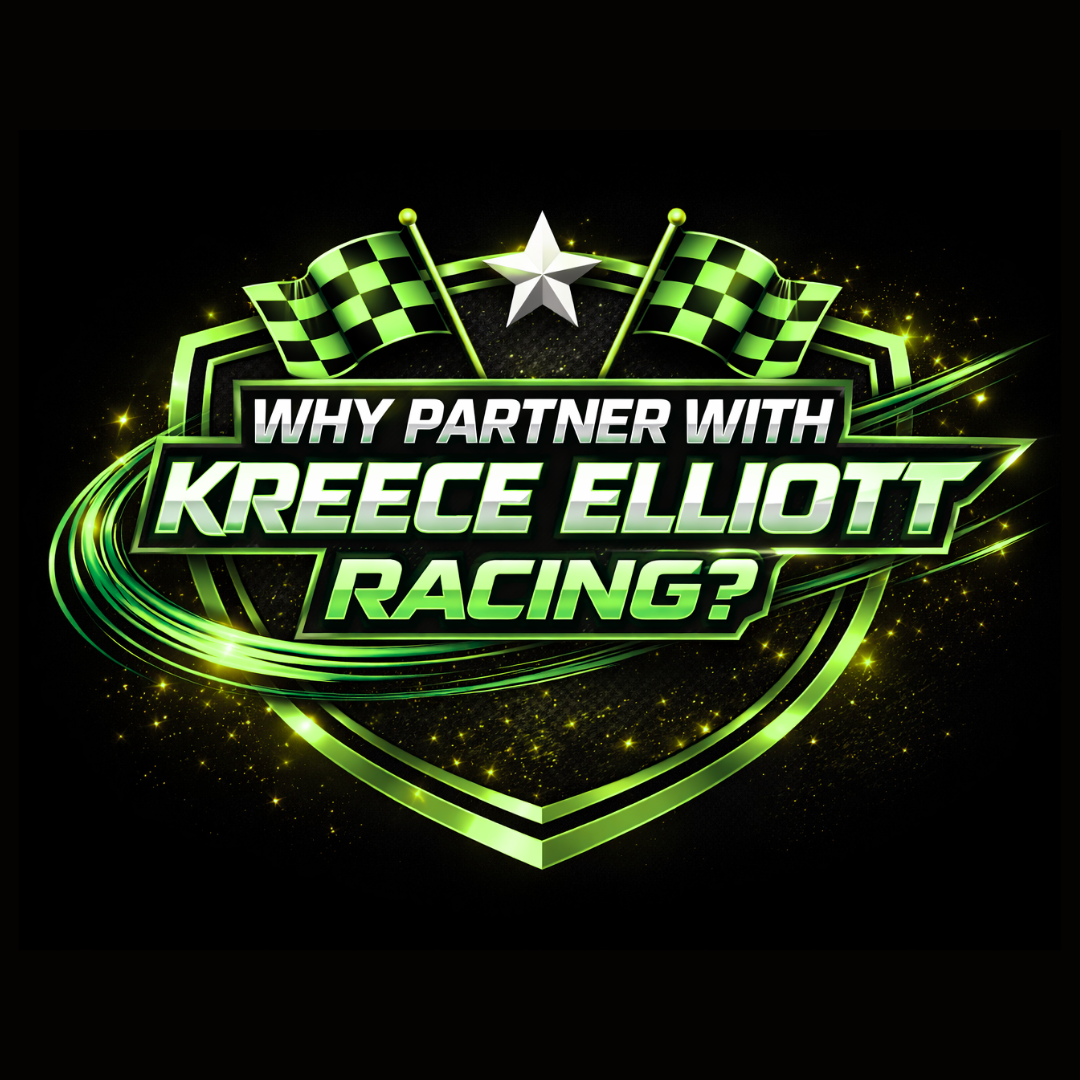 Promotional graphic with green racing theme elements, checkered flags, a shield, and stars, asking why to partner with Kreece Elliott Racing.