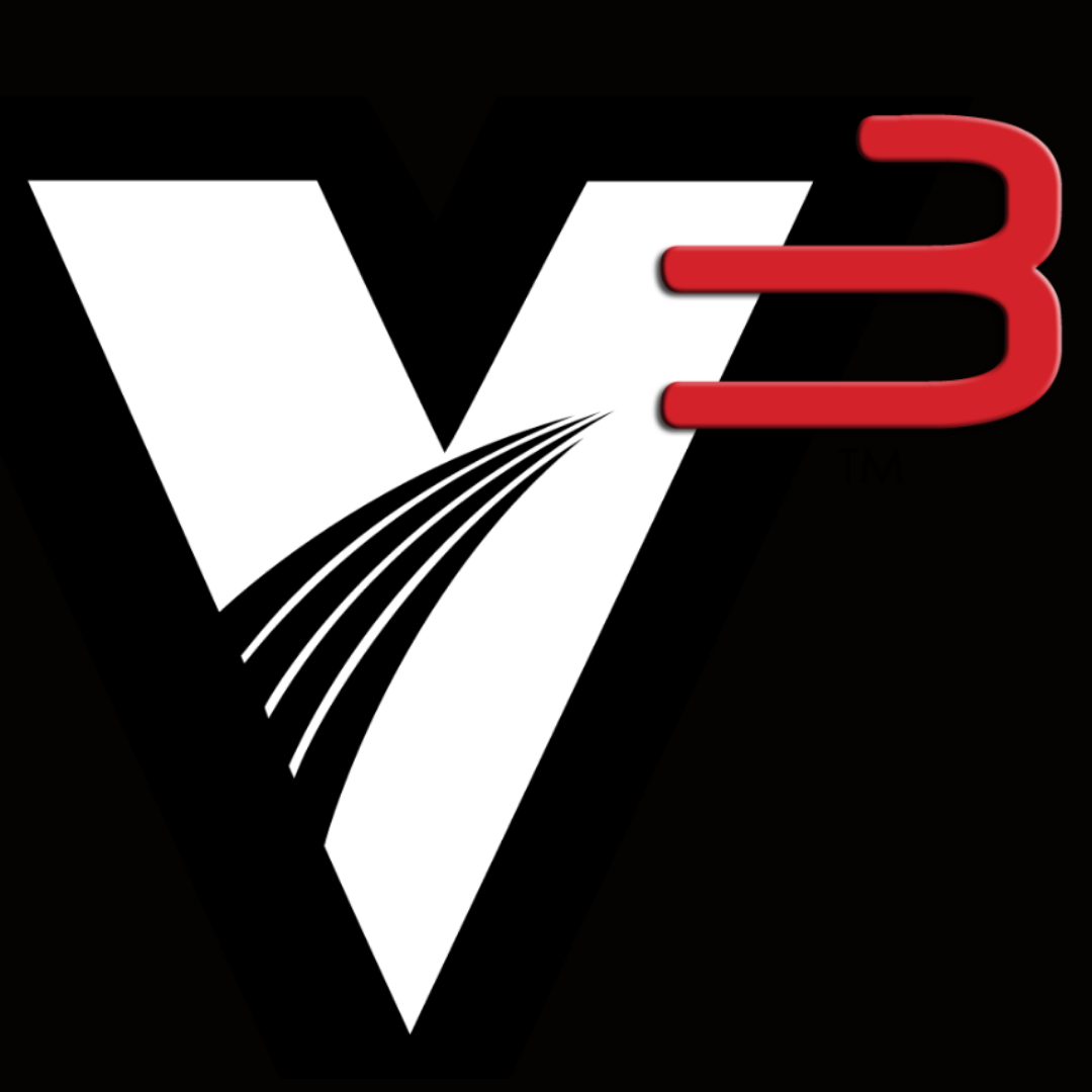 The logo for V3, featuring a large white letter V with black lines resembling a road, a black background, and a red number 3 to the right of the V.