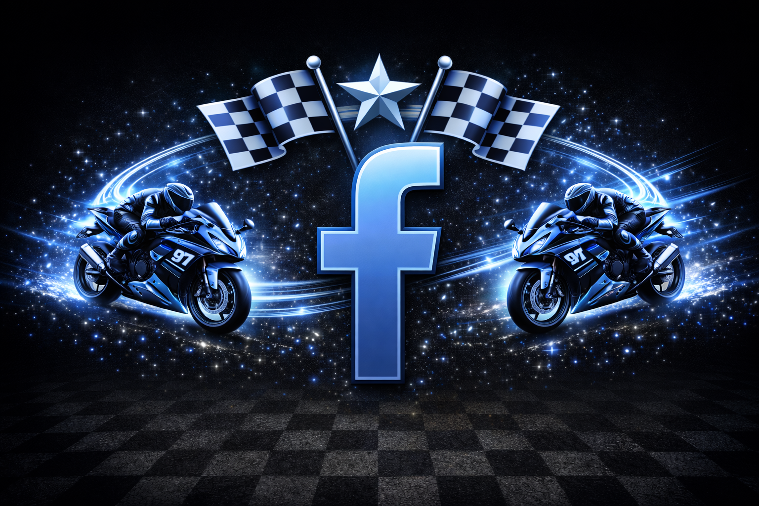 Fantasy graphic featuring a large Facebook logo in the center flanked by two racing motorcycles with riders, with checkered flags and a star above, against a starry digital background with swirling light effects.