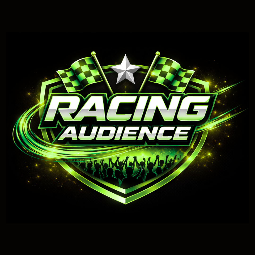 Graphic with the text 'Racing Audience' surrounded by checkered flags, a star, and a cheering crowd silhouette, with green and black racing theme elements.