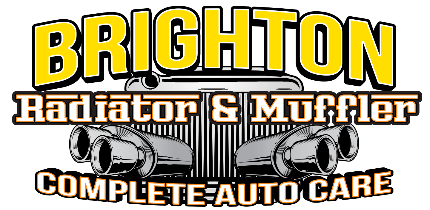 Logo for Brighton Radiator & Muffler featuring yellow and orange text, illustrations of exhaust pipes, and a radiator grill, with the slogan 'Complete Auto Care'.