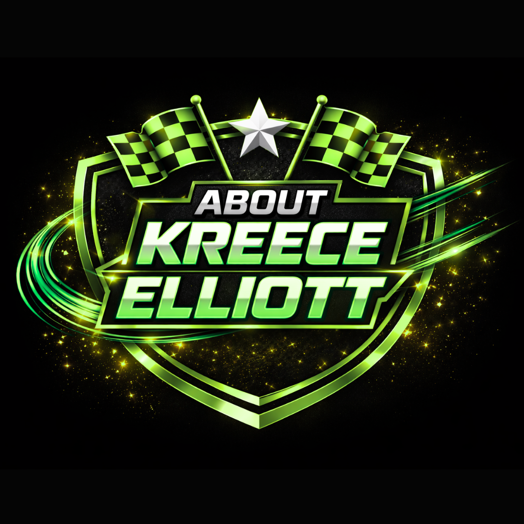 Logo for 'About Kreece Elliott' featuring checkered flags, a star, and neon green accents on a black background.