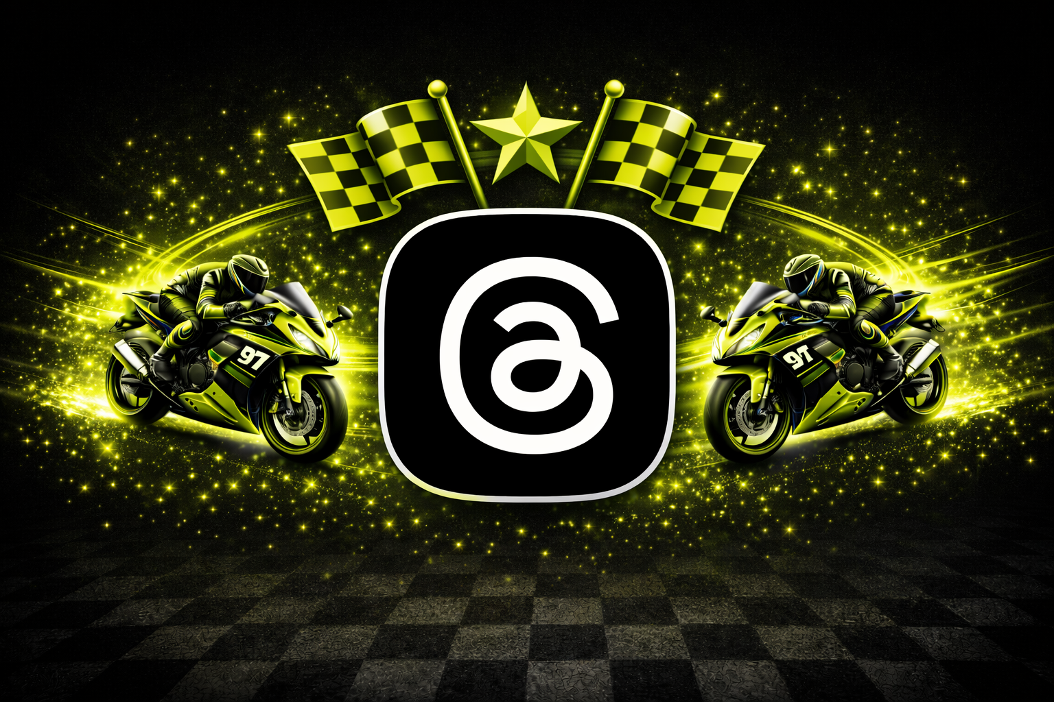 A digital graphic featuring two motorcyclists in yellow and black racing suits on yellow sport bikes, with racing flags, a star, and sparkling yellow light effects, and a central logo with a stylized 'a' inside a rounded square.