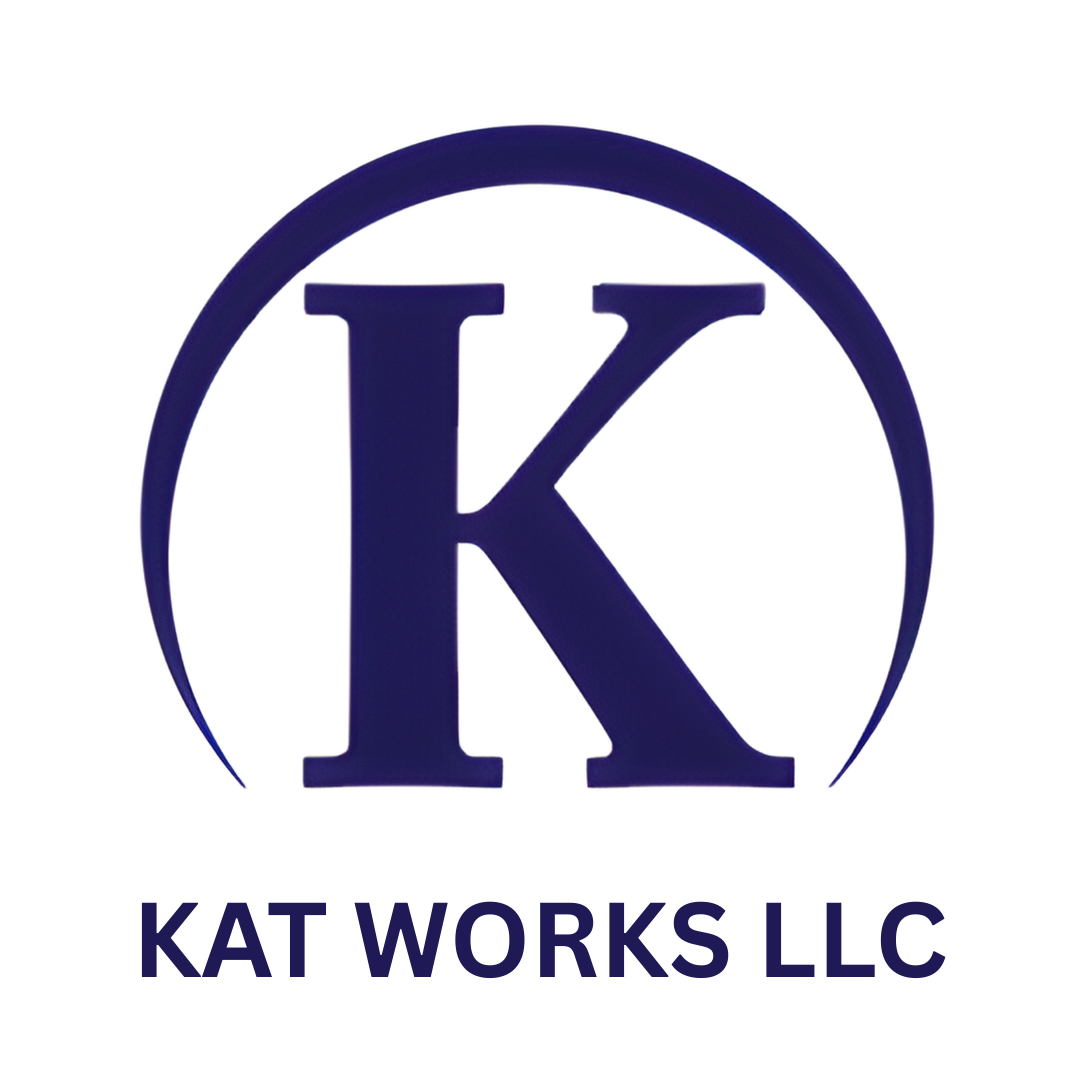 Logo for KAT WORKS LLC featuring a large letter K inside a semi-circle, with the company name below.
