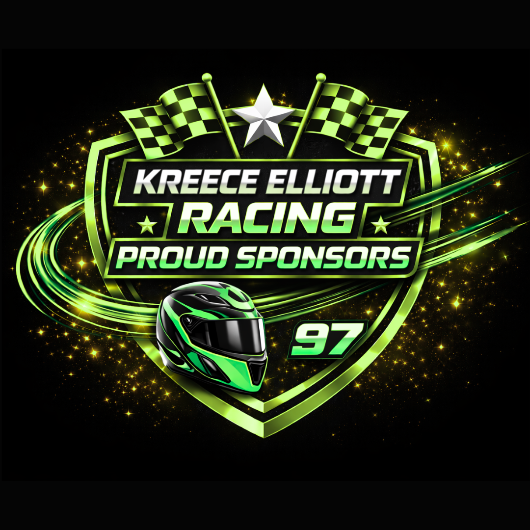 Racing sponsor badge with checkered flags, a racing helmet, and the number 97, in neon green and black colors.