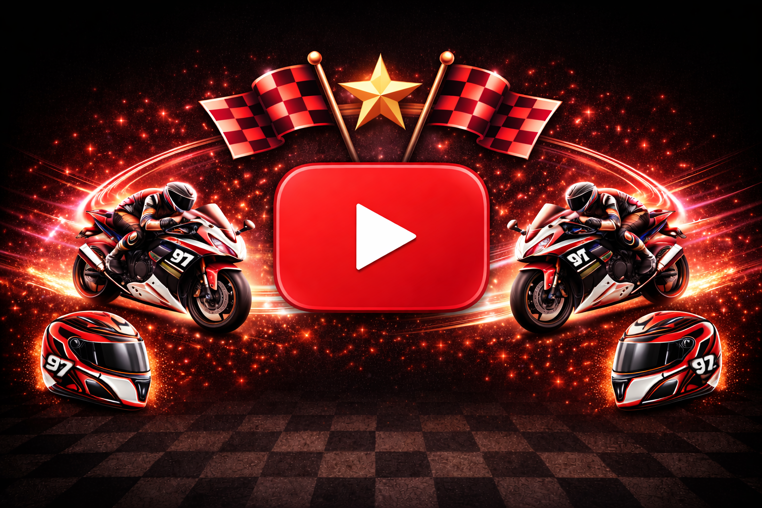 Digital graphic featuring two motorcyclists on racing bikes with helmets, a large red play button in the center, checkered flags, and a gold star, all set against a dynamic fiery background.