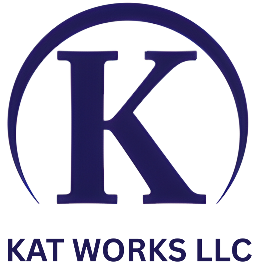 Logo for KAT Works LLC featuring a large navy blue letter 'K' inside a navy blue circle with the company name below.