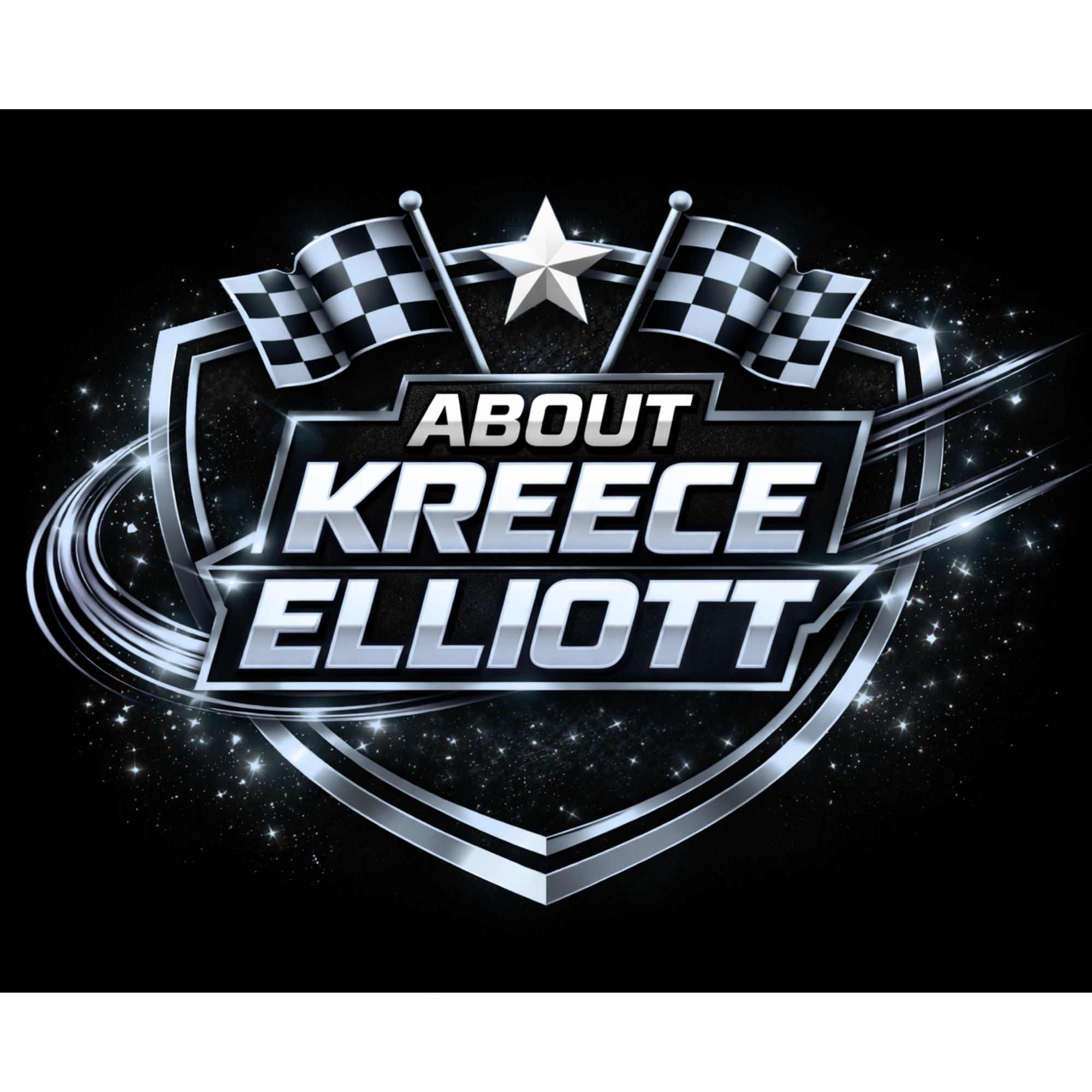 Logo with checkered flags, a star, and the words 'About Kreecee Fleet' on a black background