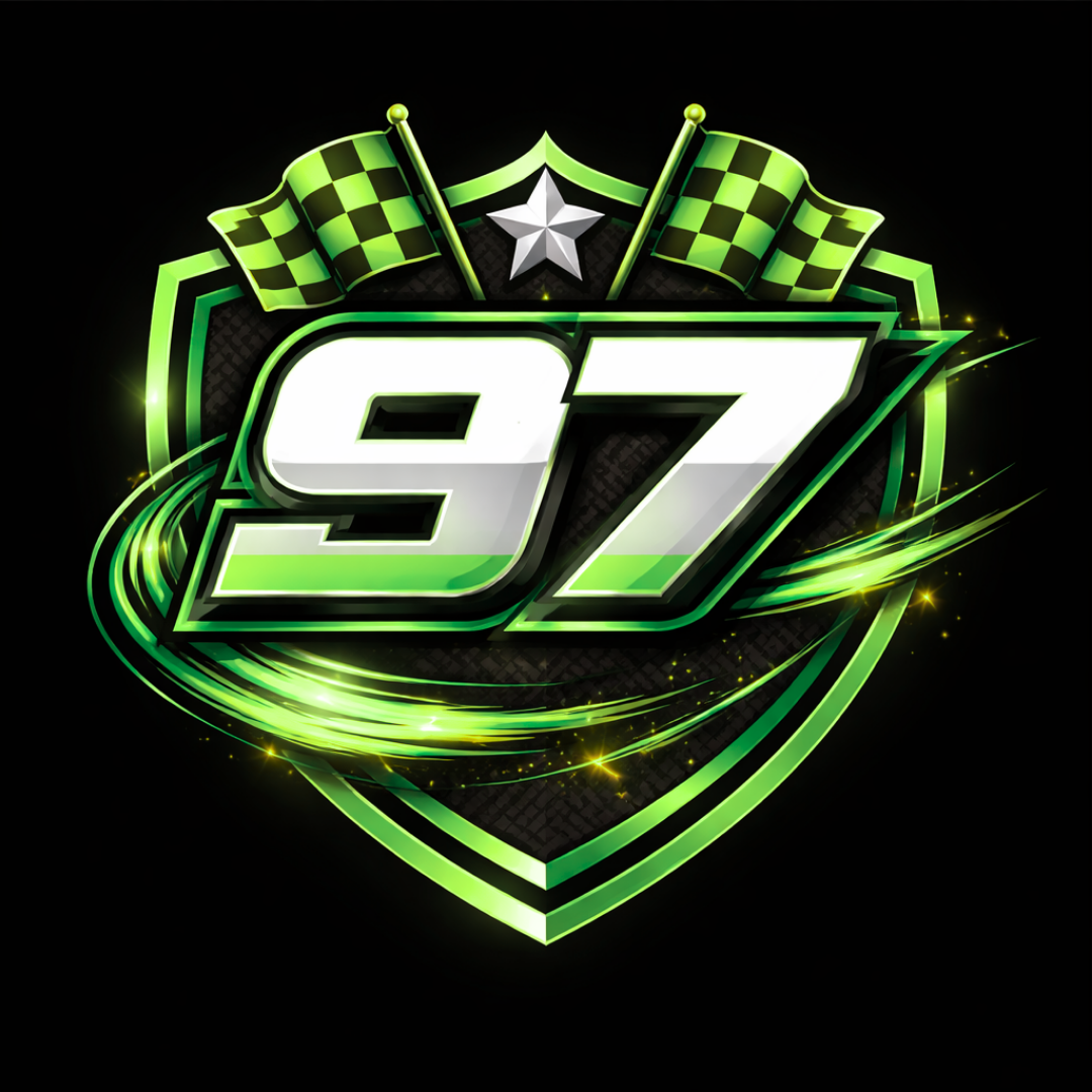 A racing emblem with the number 97 in white and green, featuring checkered flags, a silver star, and a shield design with glowing green accents on a black background.