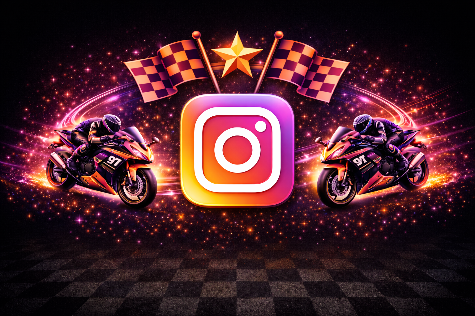 Digital illustration of Instagram logo with two racing motorcycles, race flags, and a star in the background, with vibrant neon colors and sparkling effects.