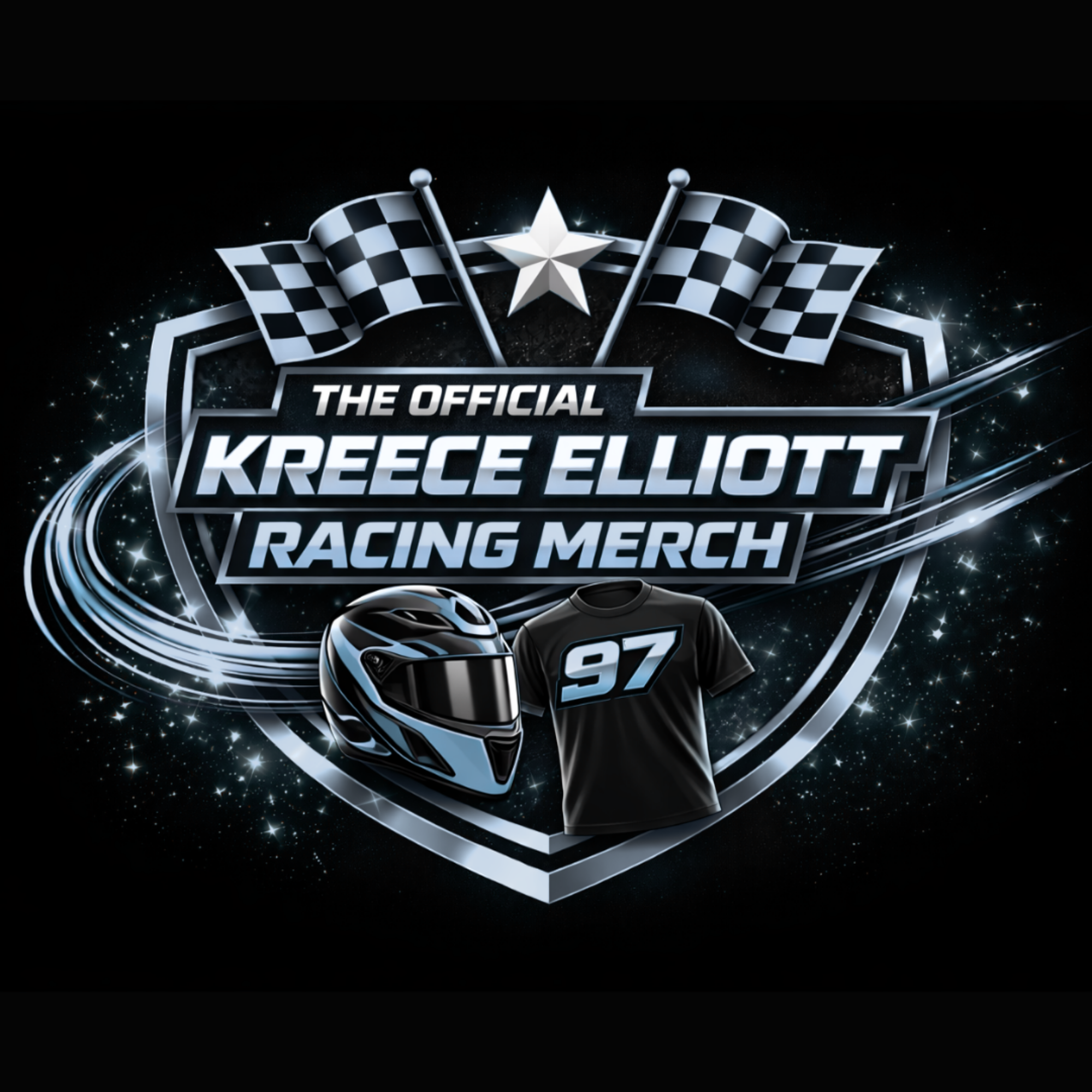 A racing theme graphic featuring checkered flags, a silver star, a helmet with the number 97, and the text 'The Official Kreece Elliott Racing Merch' with a space-like background and sparkles.