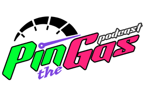 Logo for Pino the Gas podcast, featuring a speedometer graphic and colorful text.