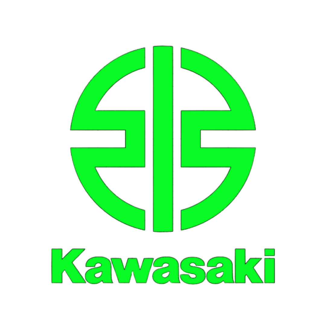 A green and black Kawasaki logo with the word 'Kawasaki' written below in green text.