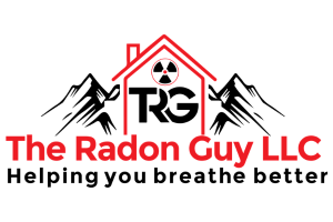 Logo for The Radon Guy LLC with mountains, a house, and a radiation symbol, and the text 'Helping you breathe better.'