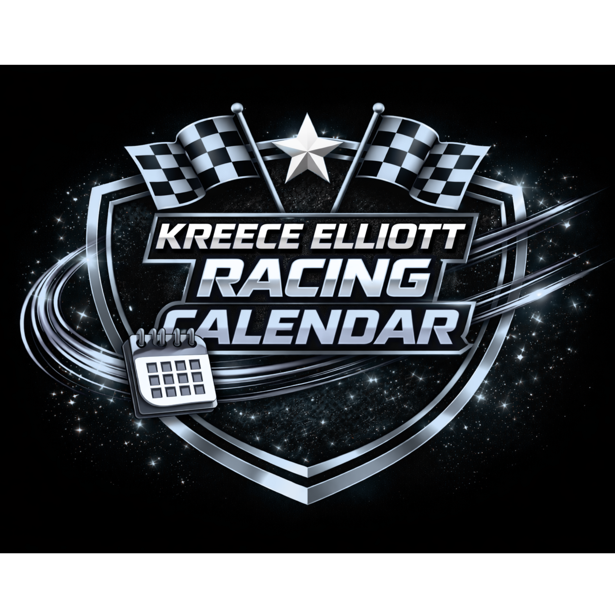 A graphic design featuring a shield with checkered racing flags, a central silver star, and a racing calendar with text "Kreece Elliott Racing Calendar" on a black background with stars.