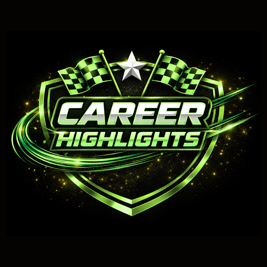 Neon green and black sports badge with checkered flags, a star, and the words "Career Highlights" in bold, glowing text.