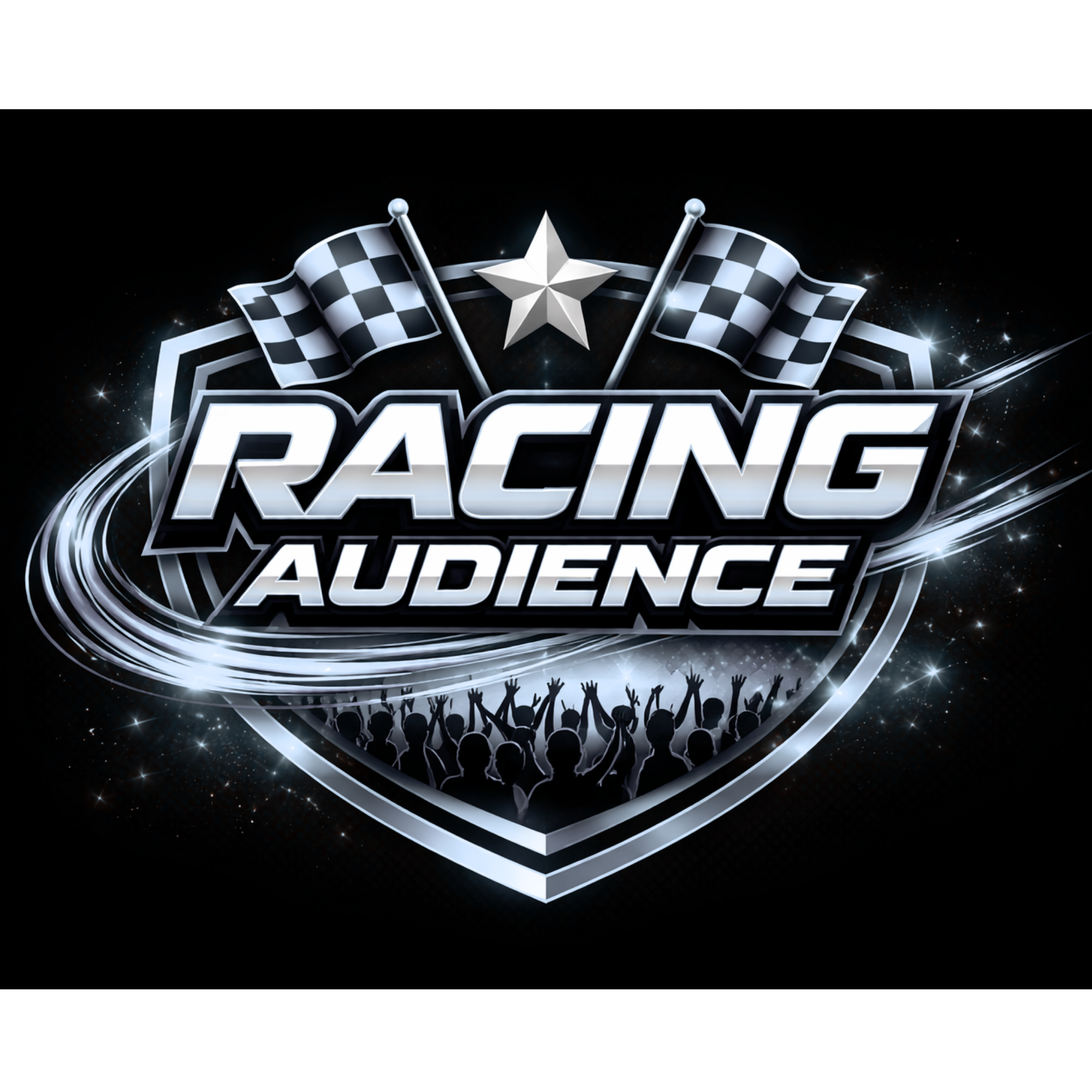 Graphic design featuring the words 'Racing Audience' with two checkered flags and a star, set against a dark background with sparkles and silhouettes of cheering crowd at the bottom.