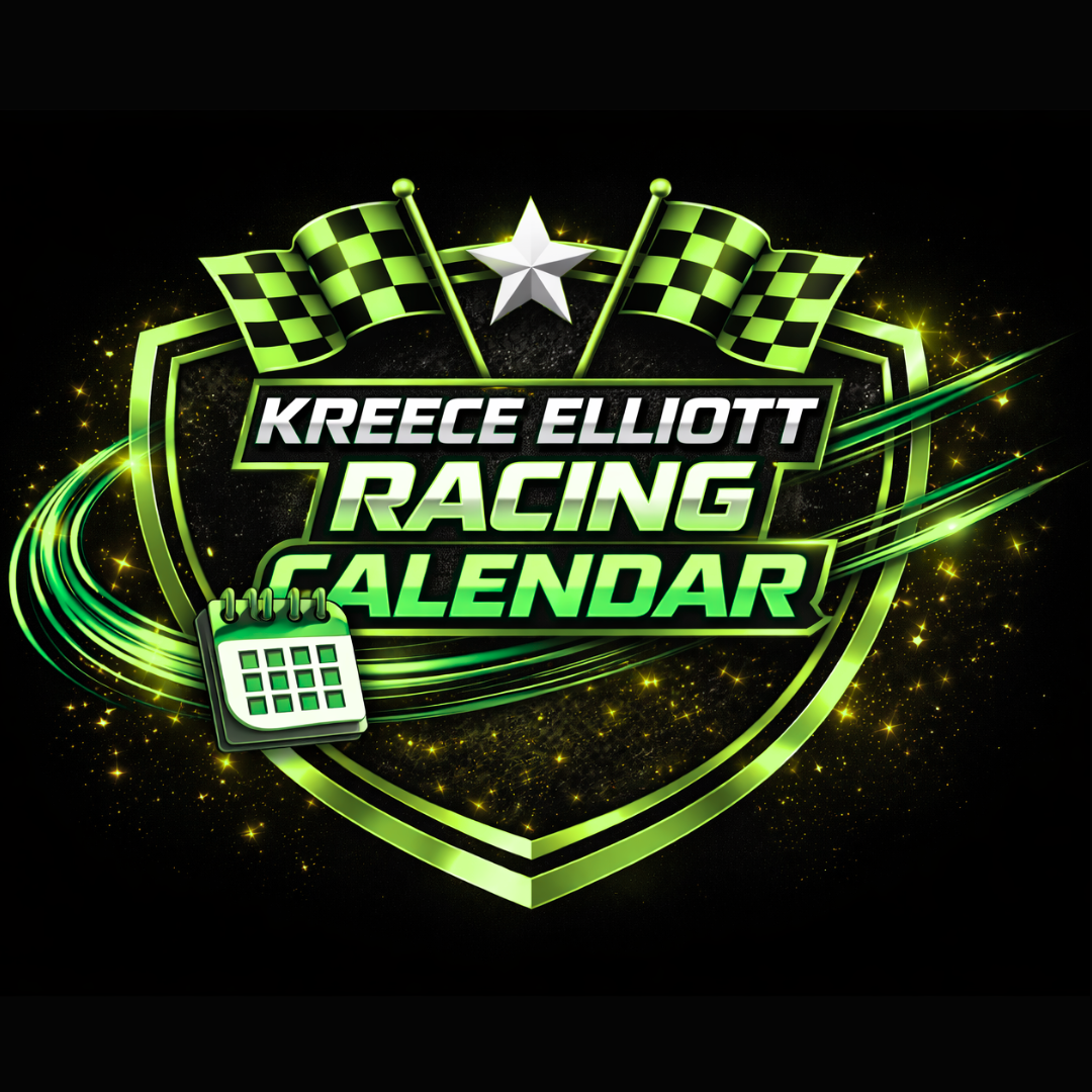 Kreese Elliott Racing Calendar logo with checkered flags, a star, and a calendar icon on a black background with green accents.