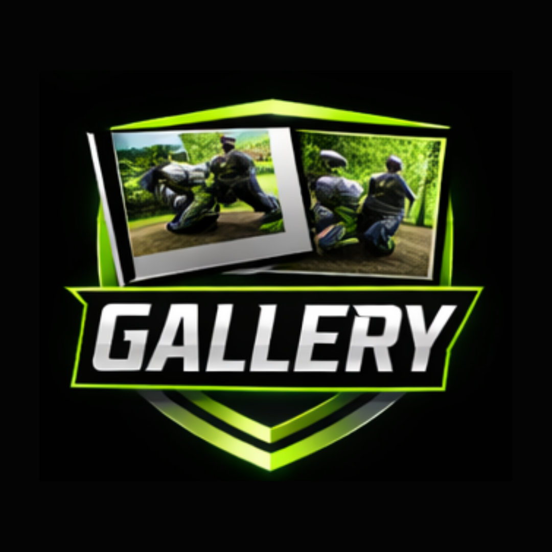 A digital graphic logo featuring two photographs of people sitting outdoors in nature, with the word 'GALLERY' in bold white letters on a shield-shaped background with neon green accents.