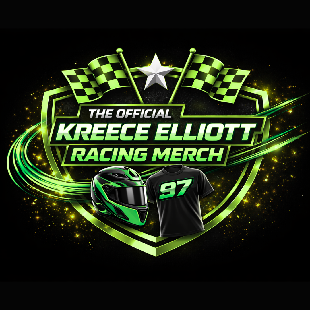 Design promoting Kreece Elliott racing merchandise, featuring checkered flags, a star, a racing helmet, a T-shirt with the number 97, and neon green accents on a black background.