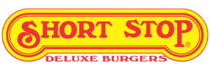 Logo of Short Stop Deluxe Burgers with yellow background and red and yellow text.