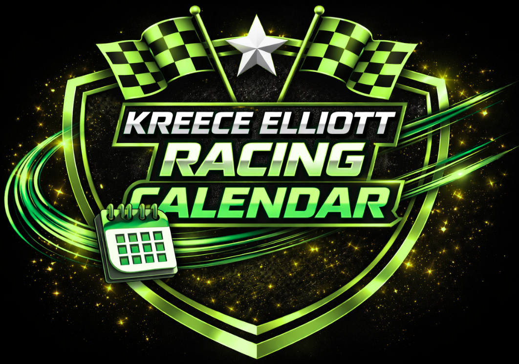A racing-themed digital graphic with a shield design, checkered flags, a star, a calendar, and streaking lines, announcing the Kreece Elliott Racing Calendar.